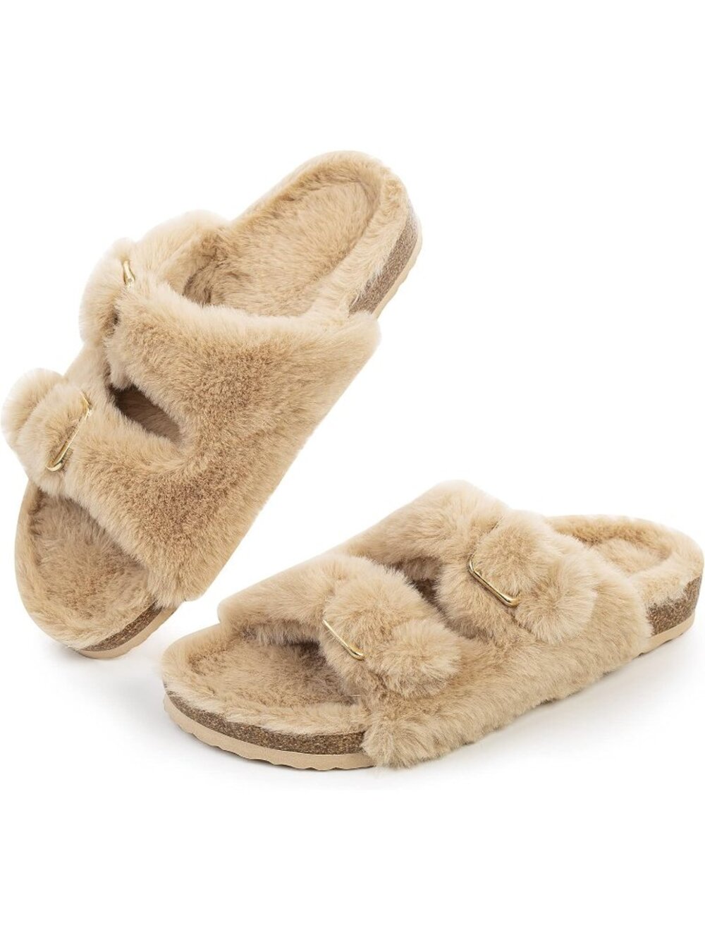 Women's Camel Lightweight Open Toe Comfy Faux Rabbit Fur Elastic Straps Slippers
